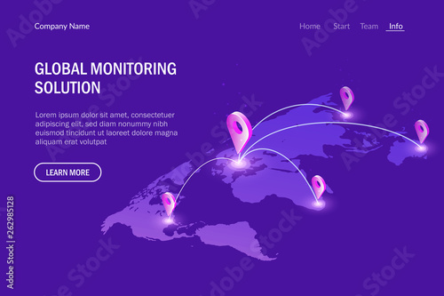 Global monitoring system. Global communications. Virtual world map. Modern vector illustration isometric style.