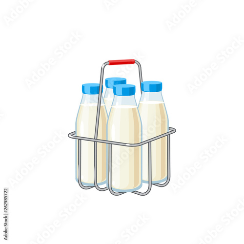 Milk bottles in wire carrier. Vector illustration cartoon flat icon isolated on white.