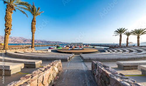 Public wooden amphitheater and promenade in central beach of Eilat - famous t...