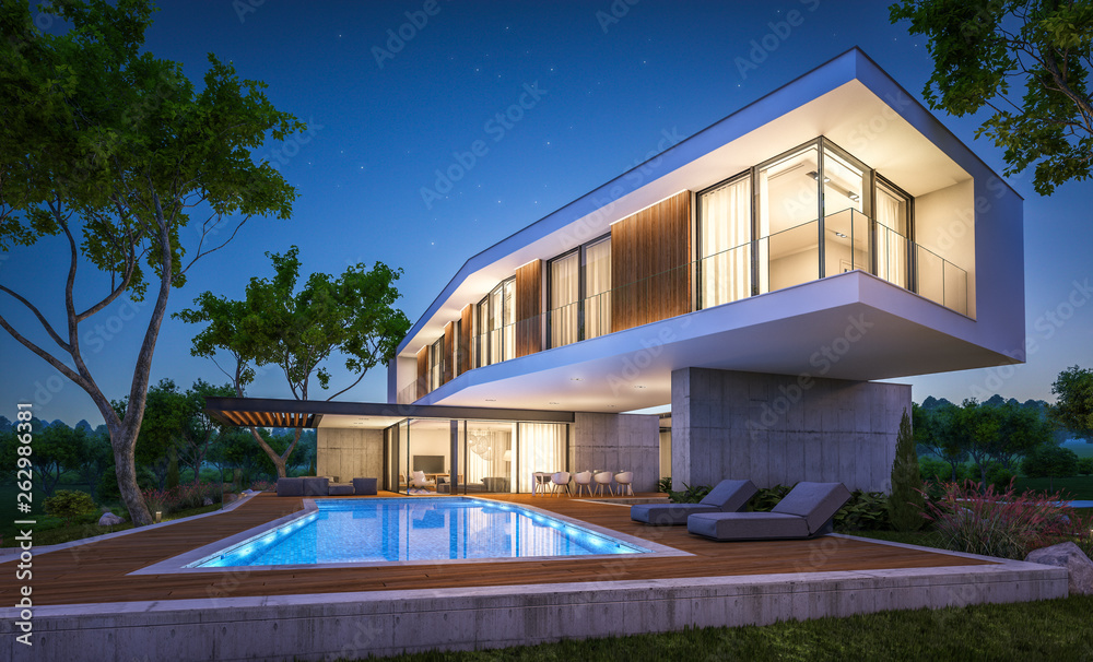 Fototapeta premium 3d rendering of modern cozy house on the hill with garage and pool for sale or rent with beautiful landscaping on background. Clear summer night with many stars on the sky.