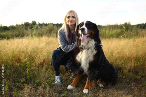 Young woman walking with Bernese Mountain Dog on the summer field