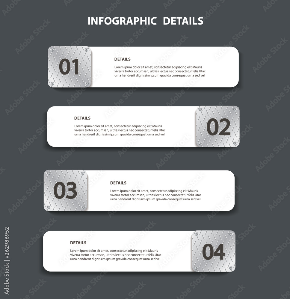 plate metal info graphic template with 4 options. Can be used for web, diagram, graph, presentation, chart, report, step by step infographics. plate metal info graphic template with 4 options. Can be used for web, diagram, graph, presentation, chart, report, step by step infographics.