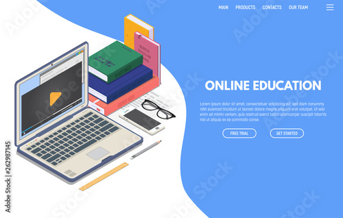 Online education on computer web app. Isometric laptop with online video playing on screen and phone. Books and glasses. Online education and studying. Computer training and and e-learning concept.
