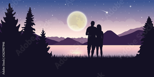 couple in love at beautiful lake at night with full moon and starry sky mystic landscape vector illustration EPS10