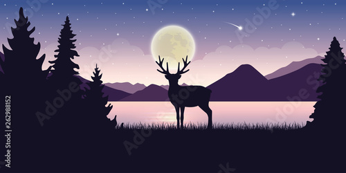 lonely wildlife reindeer in nature beautiful lake at night with full moon and starry sky mystic landscape vector illustration EPS10