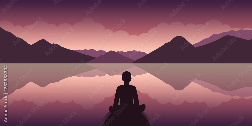 person enjoys the peace in the nature by the lake with mountain view vector illustration EPS10 person enjoys the peace in the nature by the lake with mountain view vector illustration EPS10