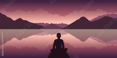 person enjoys the peace in the nature by the lake with mountain view vector illustration EPS10