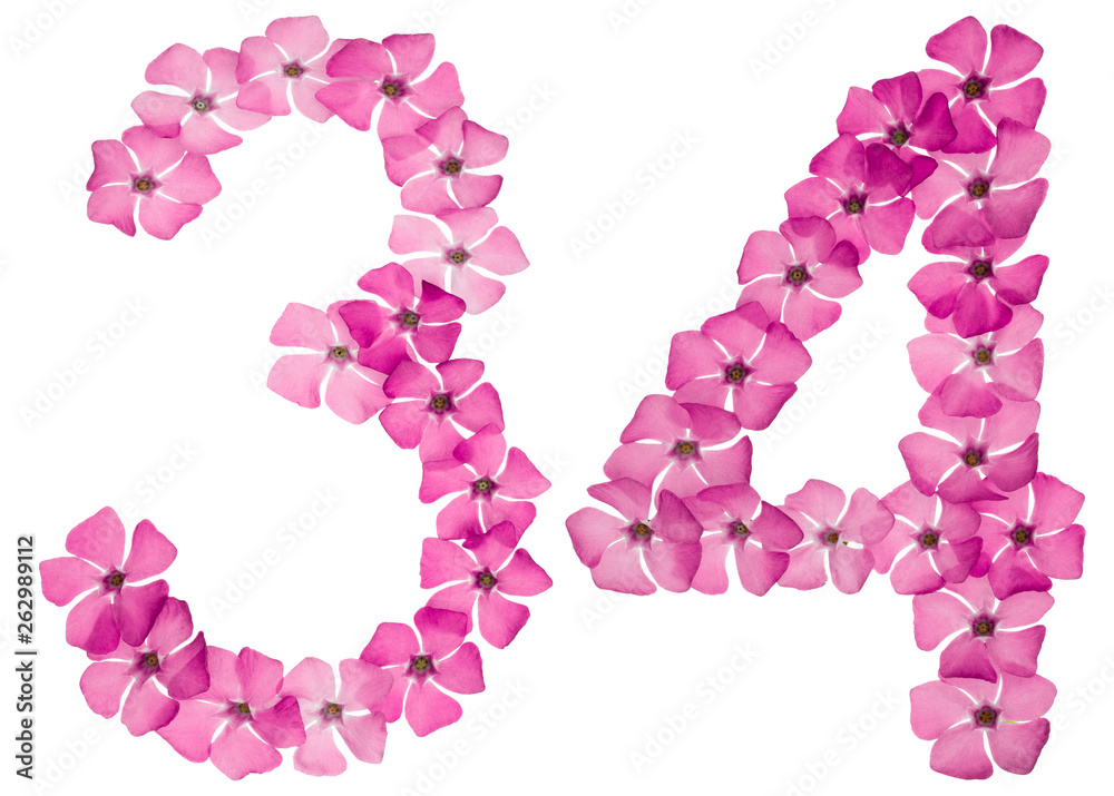 Numeral 34, thirty four, from natural pink flowers of periwinkle, isolated on white background