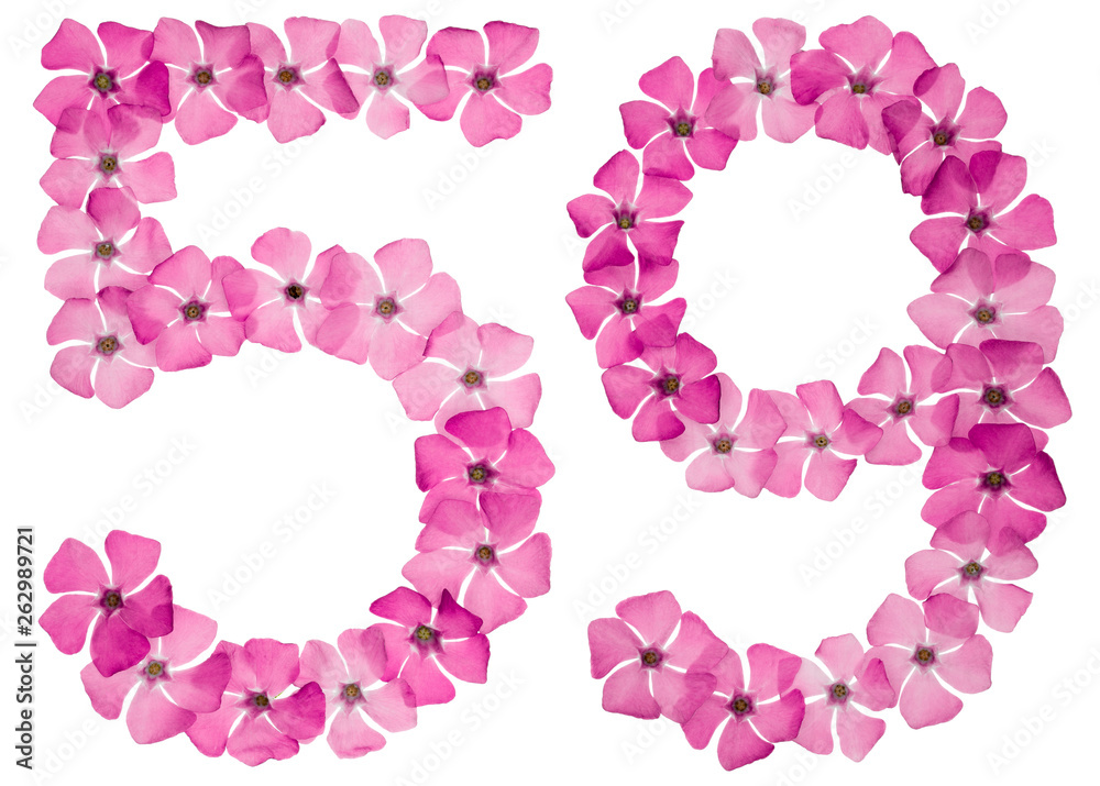 Numeral 59, fifty nine, from natural pink flowers of periwinkle, isolated on white background