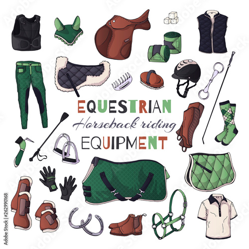 Vector illustrations on the equestrian equipment theme. Horseback riding.