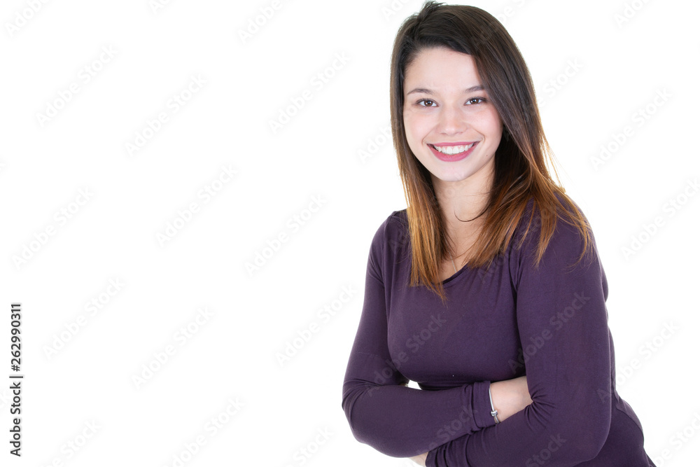 Happy young business woman posing isolated over white copy space wall background Happy young business woman posing isolated over white copy space wall background