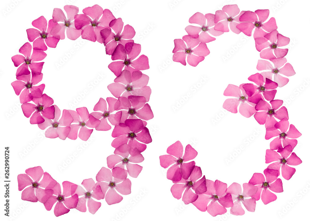 Numeral 93, ninety three, from natural pink flowers of periwinkle, isolated on white background