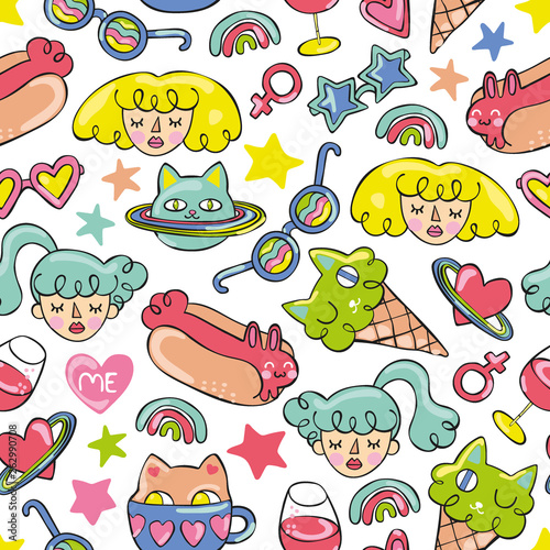 Girls, cat, hotdog, ice cream, stars. Doodle Seamless vector pattern (background).