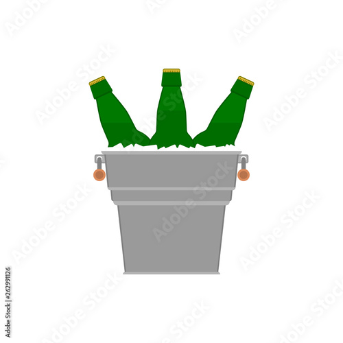 Bottles beer icon. Glass bottles filled with beer in a metal bucket with ice cubes on white background. Light beer in green bottles. Isolated vector flat illustration.