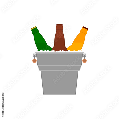 Bottles beer icon. Glass bottles filled with beer in a metal bucket with ice cubes on white background. Light and dark beer. Isolated vector flat illustration.