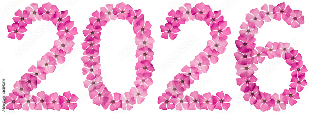 Inscription 2026, from natural pink flowers of periwinkle, isolated on white background