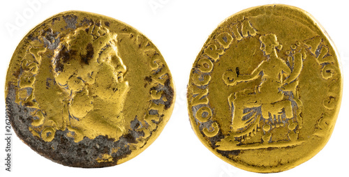 Ancient Roman gold aureus coin of Emperor Nero. photo