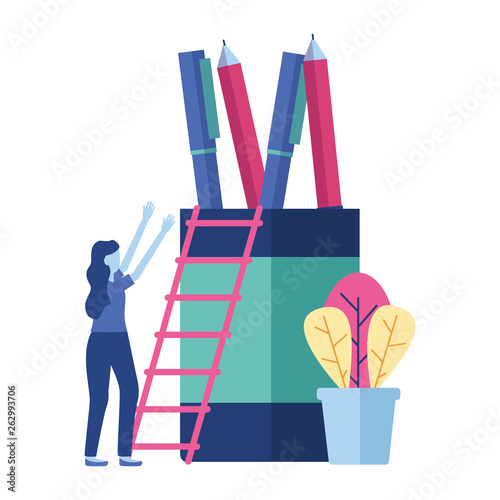 business woman pencils ladder