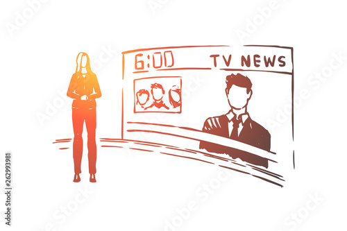 Female anchorman, newscaster profession, professional lady presenter, television show, mass media