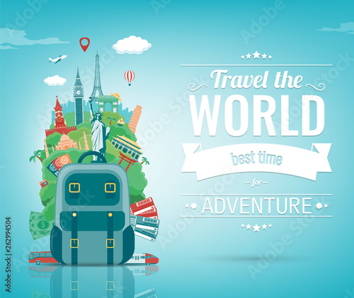 Travel composition with famous world landmarks. Travel and Tourism concept. Vector