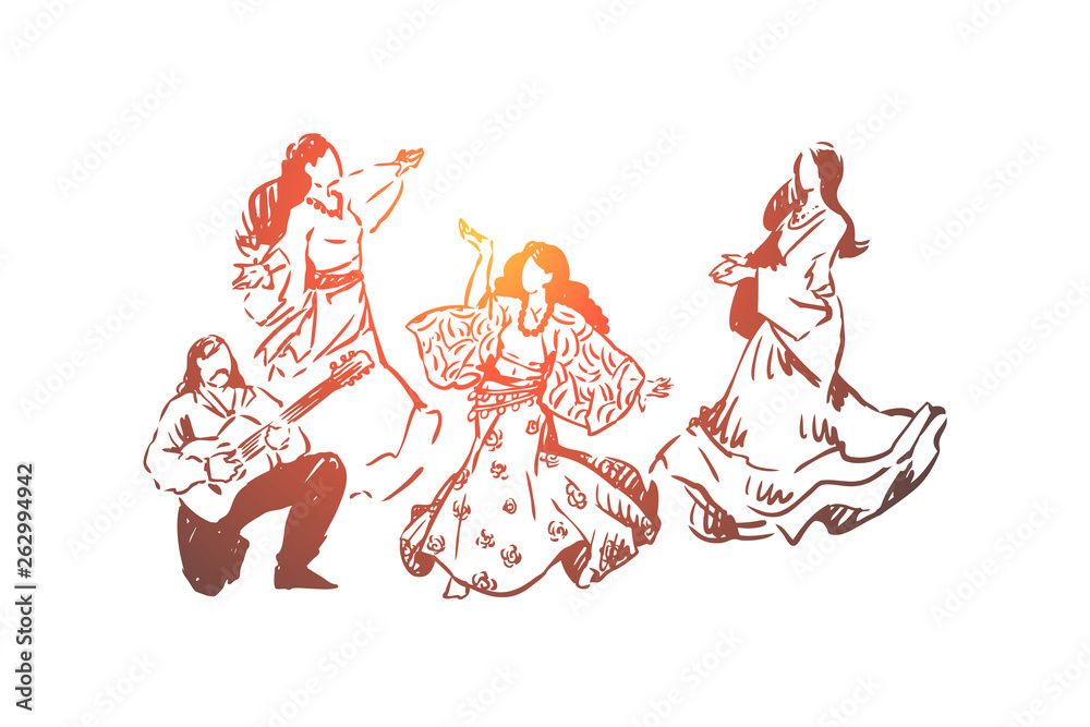 Happy young dancers in dresses, man playing musical instrument, traditional entertainment Happy young dancers in dresses, man playing musical instrument, traditional entertainment