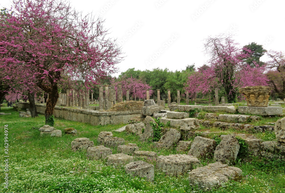 Remains of the Palestra or Gymnasium Surrounded by the Flowering Trees, Archaeological Site of the Ancient Olympia, Greece