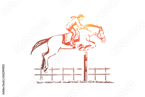 Professional jockey on race track, young woman on horseback, obstacles jumping, training for competition