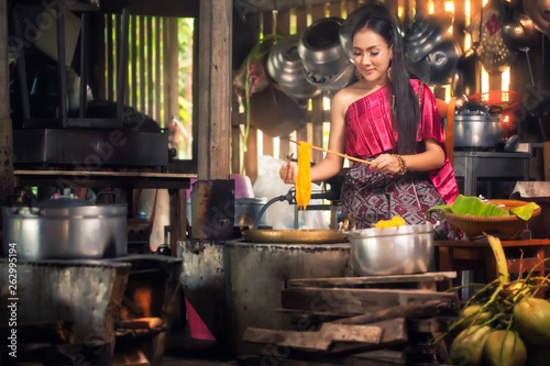 Beautiful woman cooking , Thai culture style