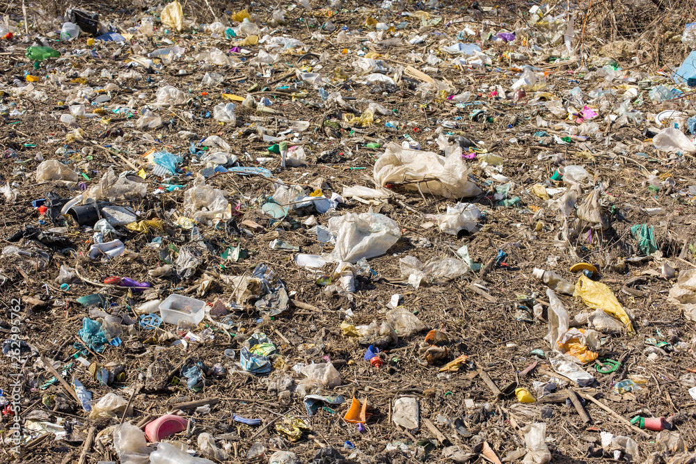 Plastic bags and bottles in a landfill. Unauthorized release of garbage, pollution of nature. The concept of environmental disaster.