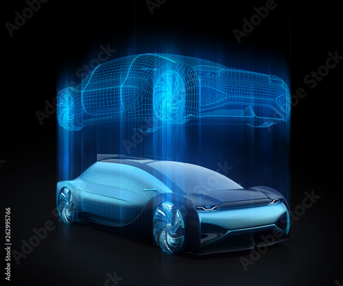Autonomous electric car and wireframe rendering of the car body on black background. Digital Twin concept.  3D rendering image. photo