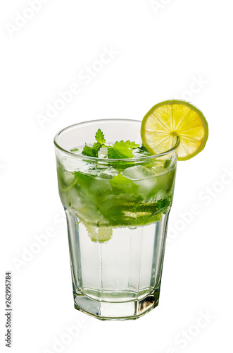 Soda lemon water with mint and ice.