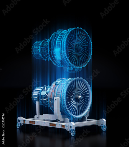 Wireframe rendering of turbojet engine and mirrored physical body on black background. Digital twin concept. 3D rendering image. photo