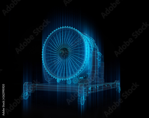 Wireframe rendering of turbojet engine on black background. Digital twin concept. 3D rendering image. photo