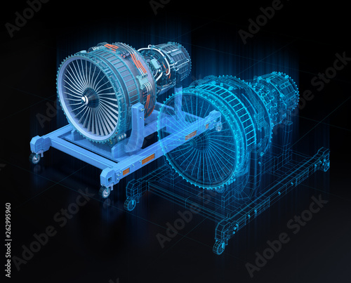 Wireframe rendering of turbojet engine and mirrored physical body on black background. Digital twin concept. 3D rendering image.