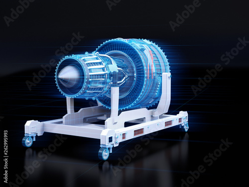 Wireframe rendering of turbojet engine on black background. Digital twin concept. 3D rendering image. photo