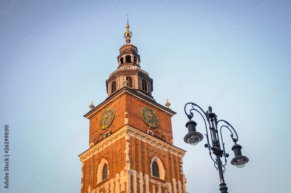 Town Hall Tower on a Main Market Square of Old Town in Cracow city in Poland Town Hall Tower on a Main Market Square of Old Town in Cracow city in Poland