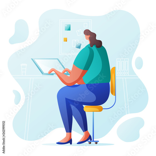 Young woman is working at laptop and sitting in office.. Business woman working on computer chatting in social networking and texting to friends. Vector illustration.