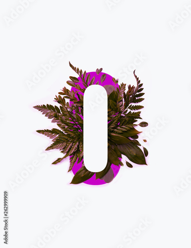 Cyrillic letter with brown leaves on bright purple background isolated on white