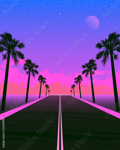 Synthwave poster with dream road and palms. Pink sunset.