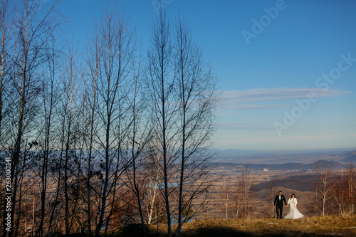 Beautiful wedding couple posing on hills