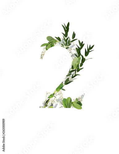 number 2 with white flowers and green leaves isolated on white