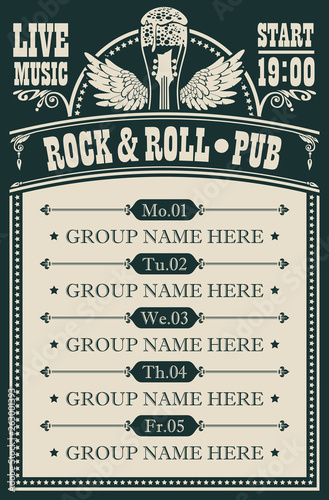 Vector poster for music rock and roll pub with live music with beer glass, guitar and wings. A daily schedule of performances of music groups in retro style