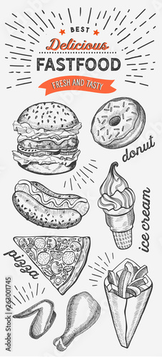 Fast food illustrations, burger, pizza, donut for restaurant.