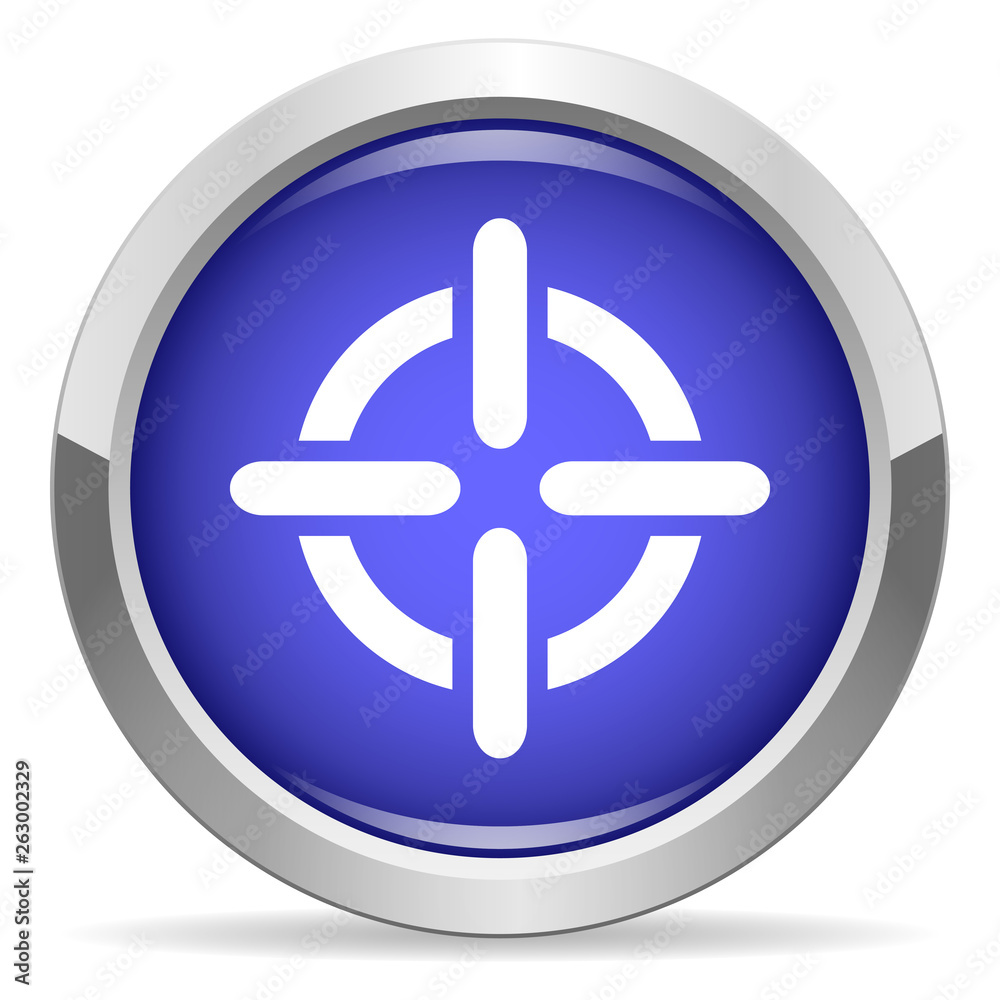 Crosshair icon. Round bright blue button. Crosshair icon. Round bright blue button.