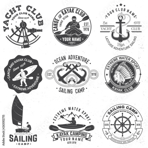 Set of sailing camp, canoe and kayak club badges. Vector. Concept for shirt, print, stamp or tee. Vintage typography design with mountain, river, kayaker silhouette. Extreme water sport.