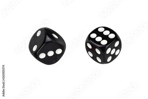 Two black dices isolated on white. All facets of the result of the dice.