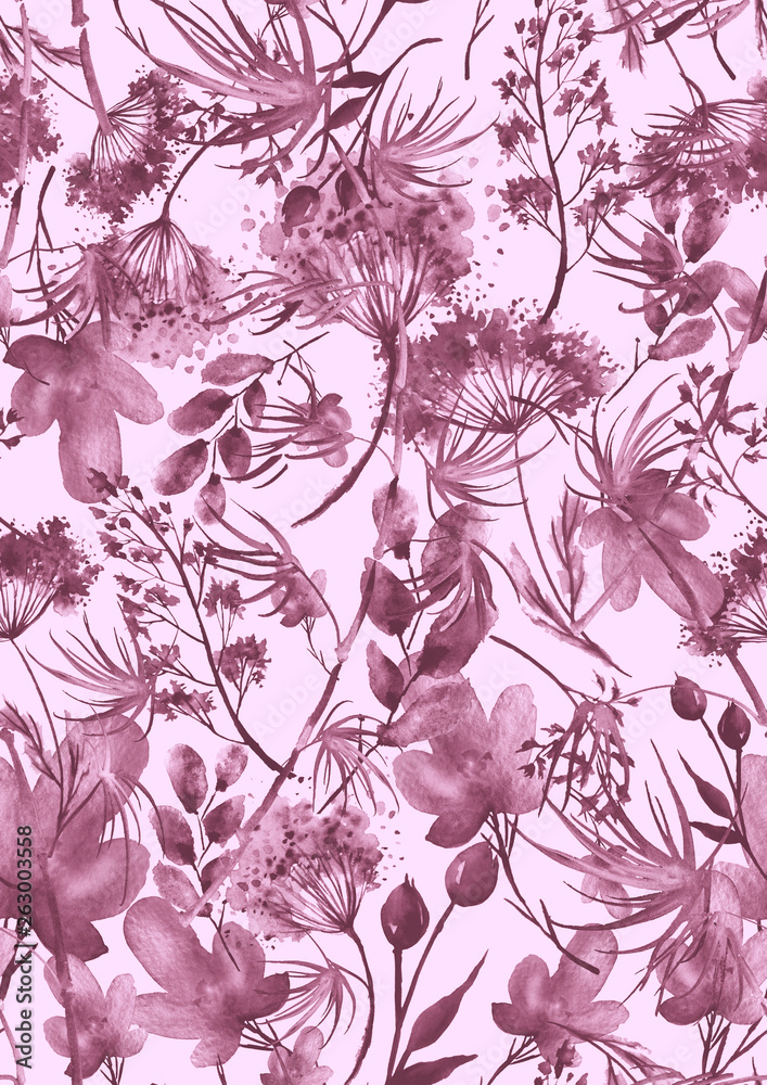 Watercolor seamless pattern, background with a floral pattern. Beautiful vintage drawings of plants, flowers,willow branch, berry, branches, grass,chamomile. botanical illustration. Pink paint splash