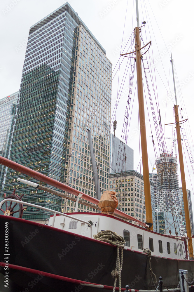 A wooden boat at Canary Wharf in London