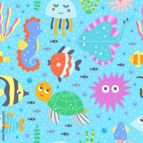 Fishes and sea animal seamless pattern. Funny vector background with ocean underwater creatures