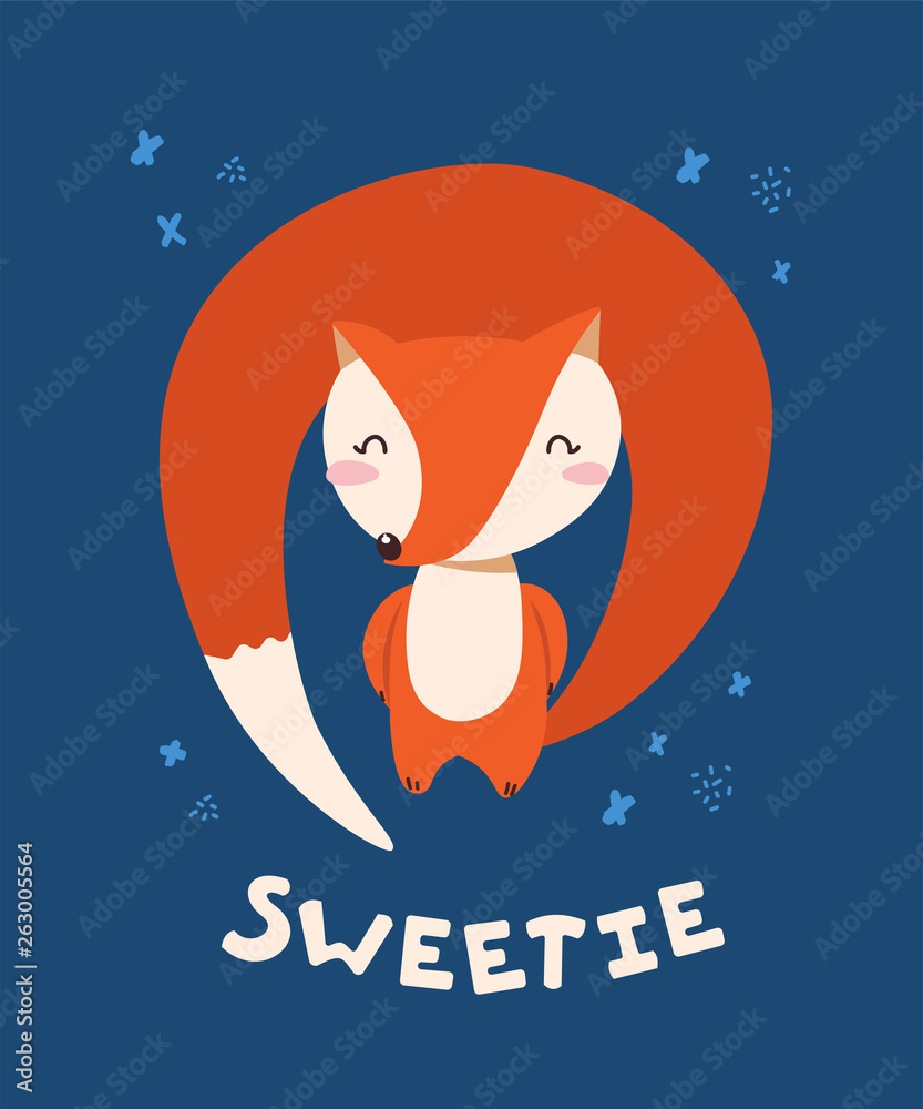 Fototapeta premium Sweet little red fox smiling. Text Sweetie. Animal kingdom set. Super-cute and adorable animals. Cartoon character and lettering. Flat illustration for kid's poster, t-shirt and other art.
